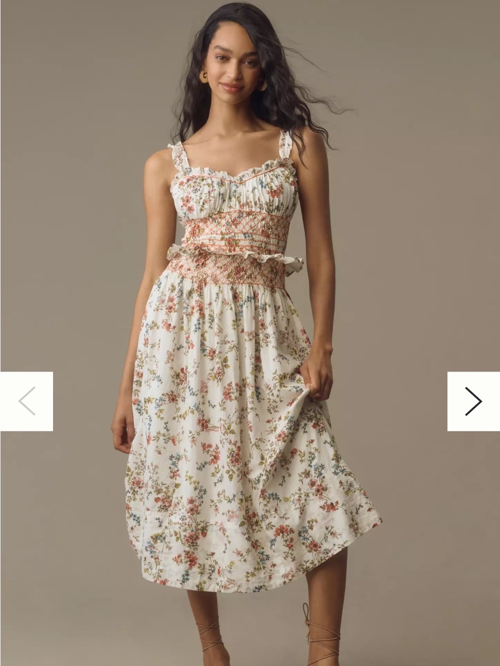 Anthropologie Ivory Floral Smocked Midi Dress